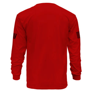 Red long-sleeve shirt with black sleeve designs on a white background