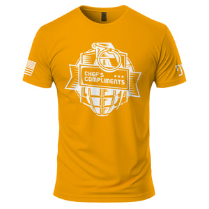 Yellow t-shirt with 'Chef's Compliments' graphic on a white background