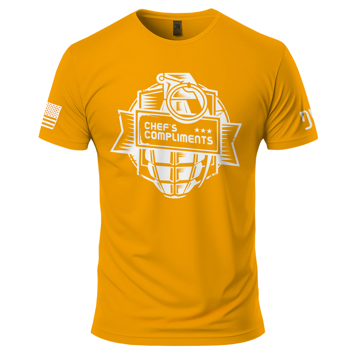 Yellow t-shirt with 'Chef's Compliments' graphic on a white background