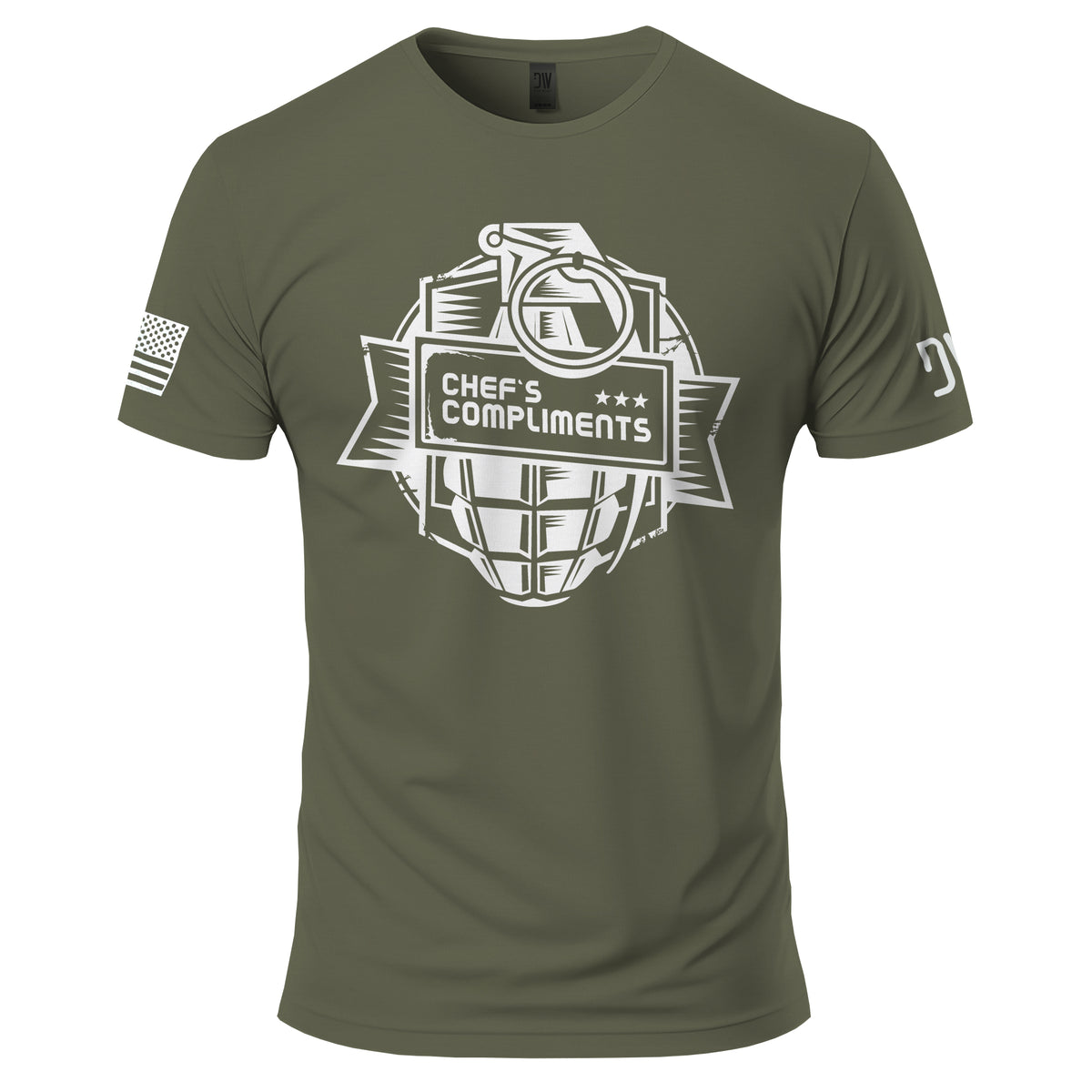 Green t-shirt with graphic design and text on a white background