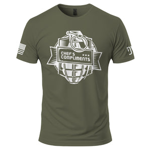 Green t-shirt with graphic design and text on a white background