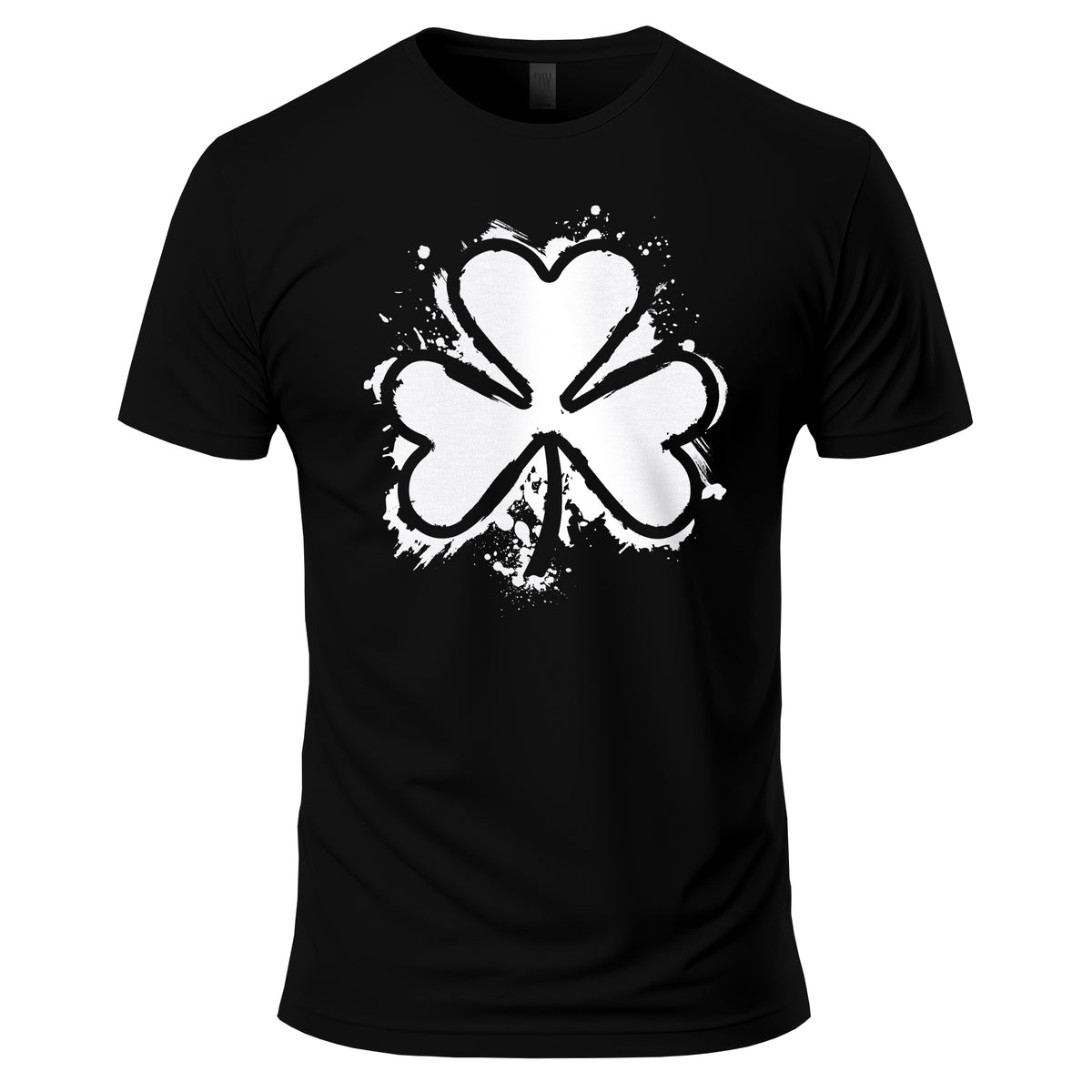 Black t-shirt with a white four-leaf clover design on a white background