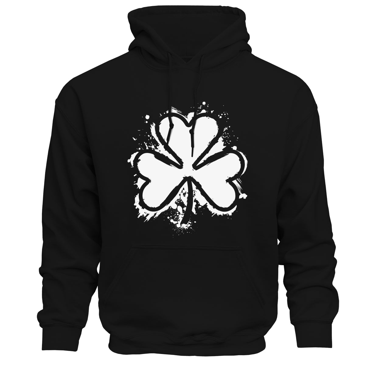 Black hoodie with a white four-leaf clover design on a white background