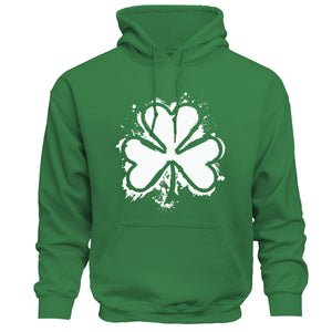 Green hoodie with a white four-leaf clover design on a white background