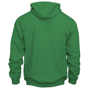 Green hoodie shown from the back on a white background