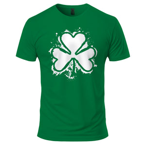 Green t-shirt with a white shamrock design 