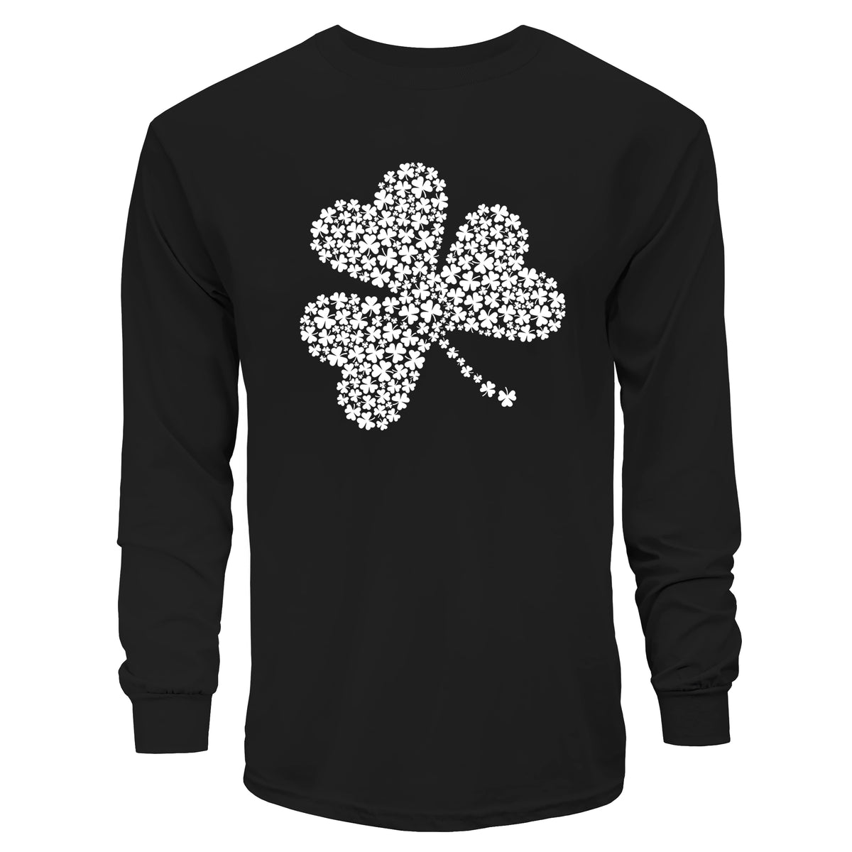 Black long-sleeve shirt with a white shamrock design on a white background