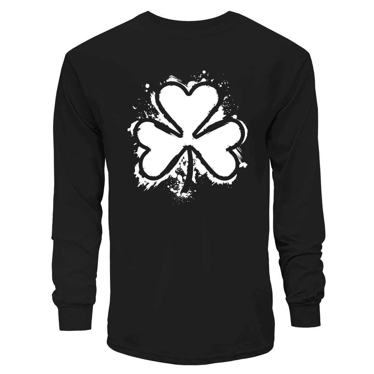 Black long-sleeve shirt with a white four-leaf clover design on a white background