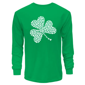 Green long-sleeve shirt with a white shamrock design on a white background