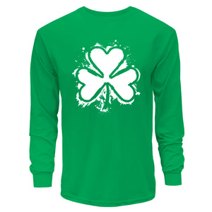 Green long-sleeve shirt with a white shamrock design on a white background