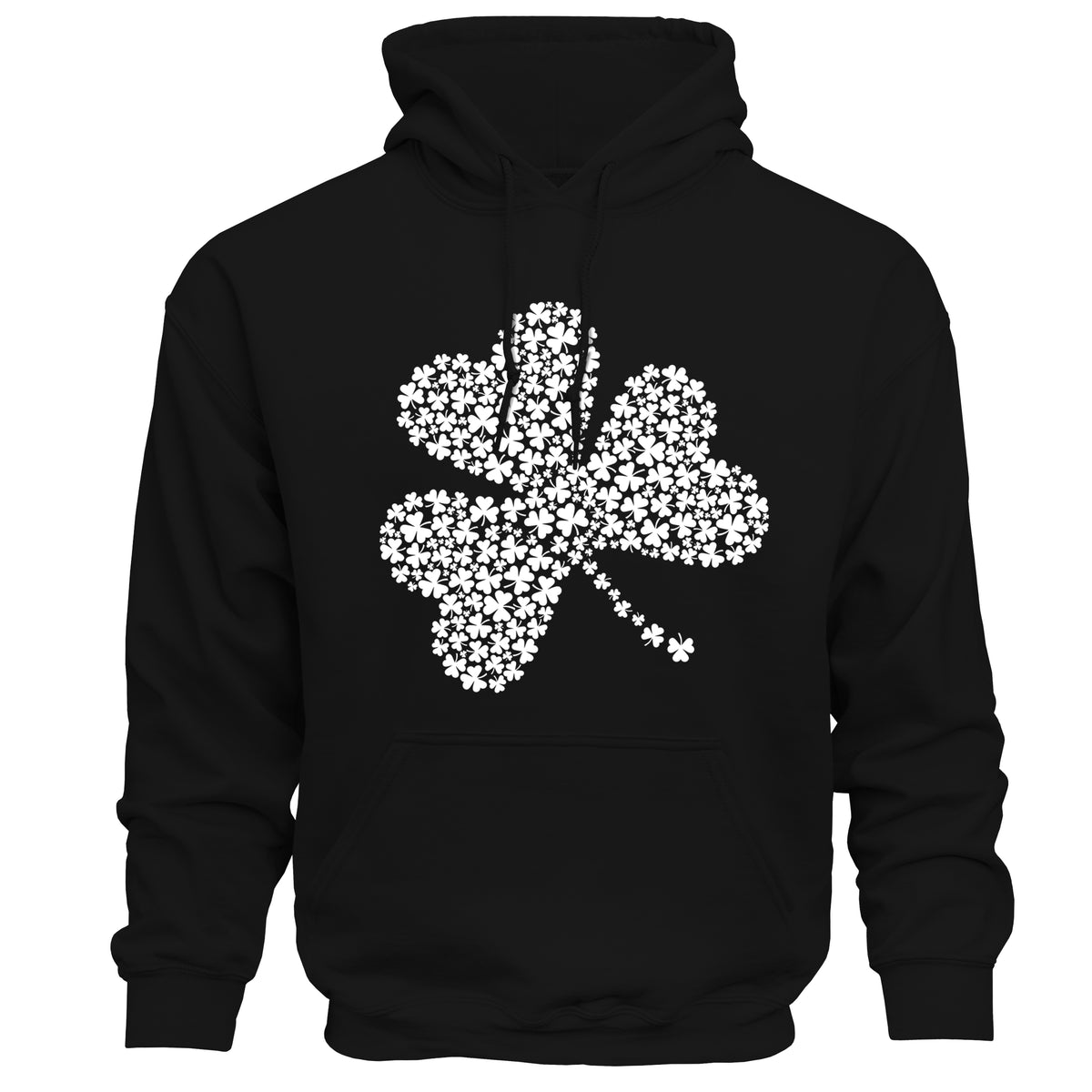 Black hoodie with a white clover design on a white background
