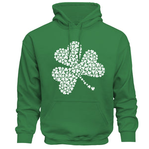 Green hoodie with a white shamrock design on a white background