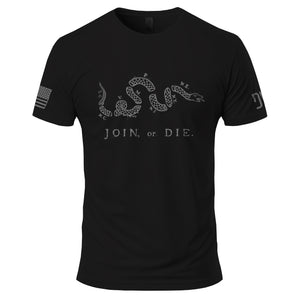Black t-shirt with 'JOIN OR DIE' graphic design on a white background