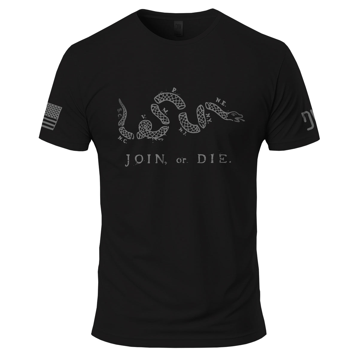 Black t-shirt with 'JOIN OR DIE' graphic design on a white background
