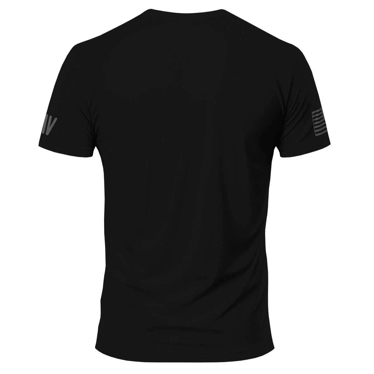 Black t-shirt with white text on sleeves against a white background