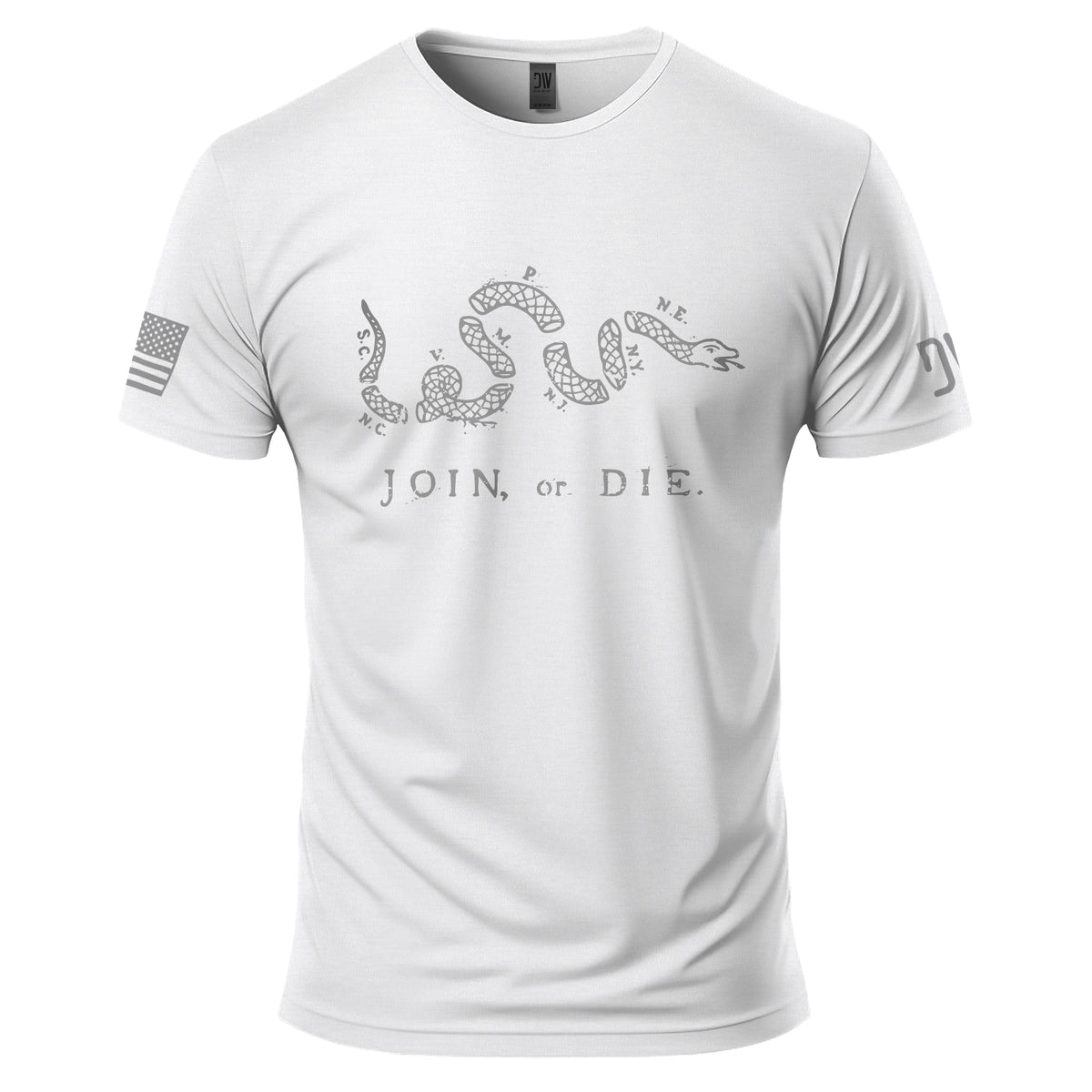 White t-shirt with 'JOIN or DIE' graphic design on a white background