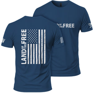 Navy blue t-shirt with American flag design and 'Land of the Free' text on a white background