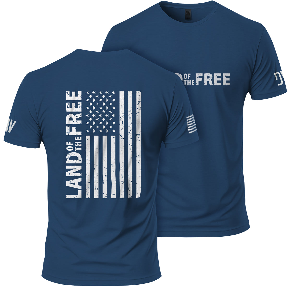 Navy blue t-shirt with American flag design and 'Land of the Free' text on a white background