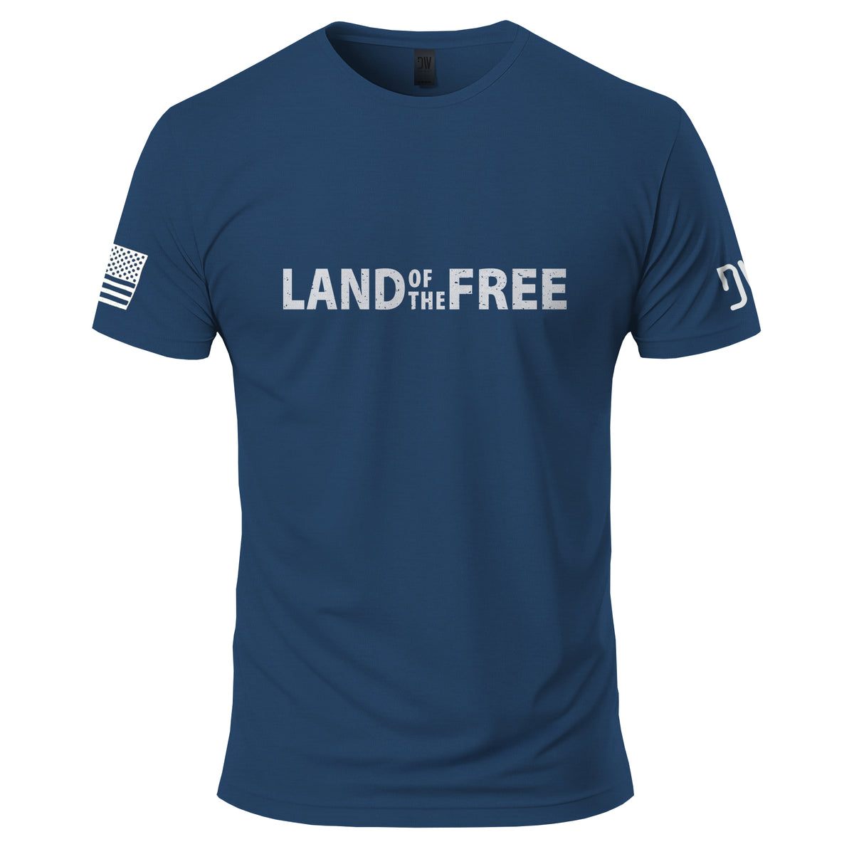 Blue t-shirt with 'LAND OF THE FREE' text on a white background
