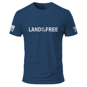 Blue t-shirt with 'LAND OF THE FREE' text on a white background