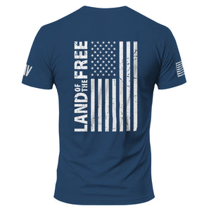 Blue t-shirt with American flag and 'Land of the Free' text on a white background