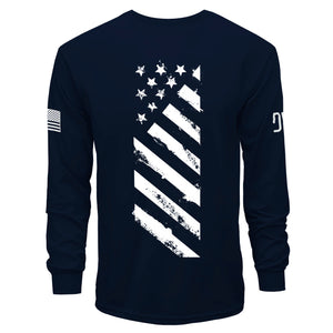 Black long-sleeve shirt with white star and stripe design on a white background