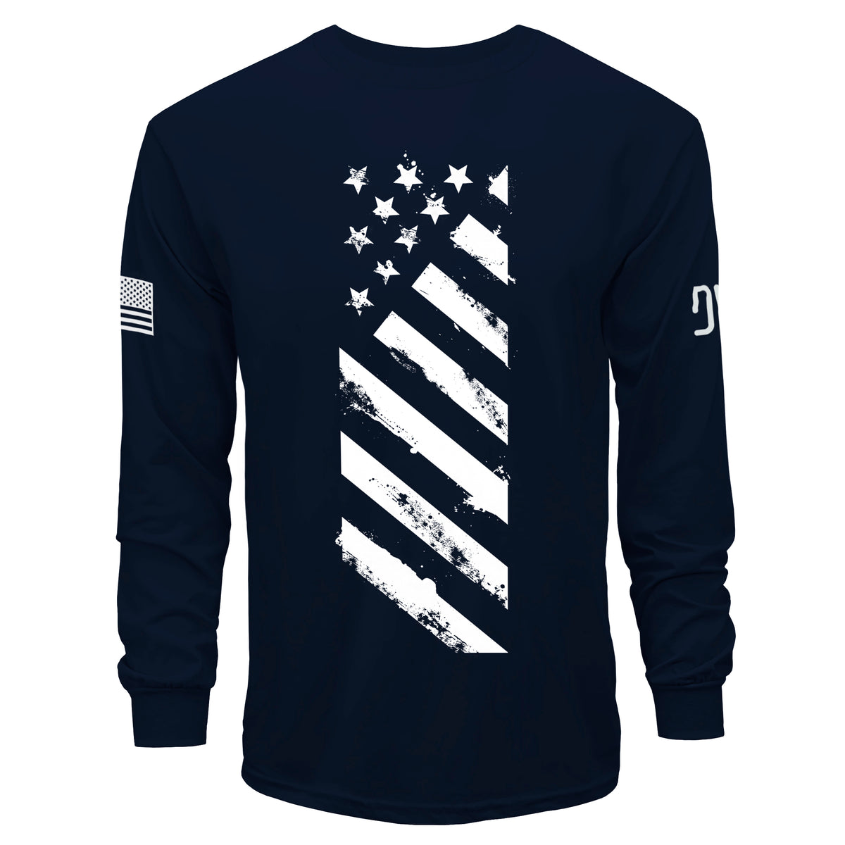 Black long-sleeve shirt with white star and stripe design on a white background
