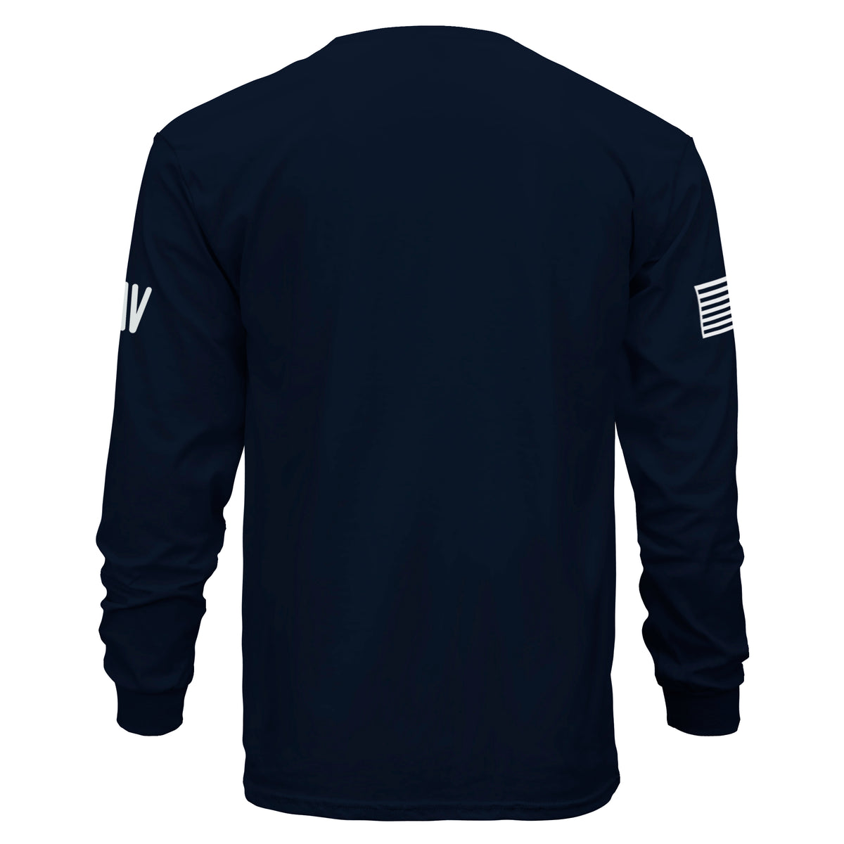 Black long-sleeve shirt with white logo on sleeves against a white background