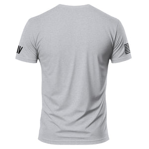 Gray t-shirt with sleeve logos on a white background