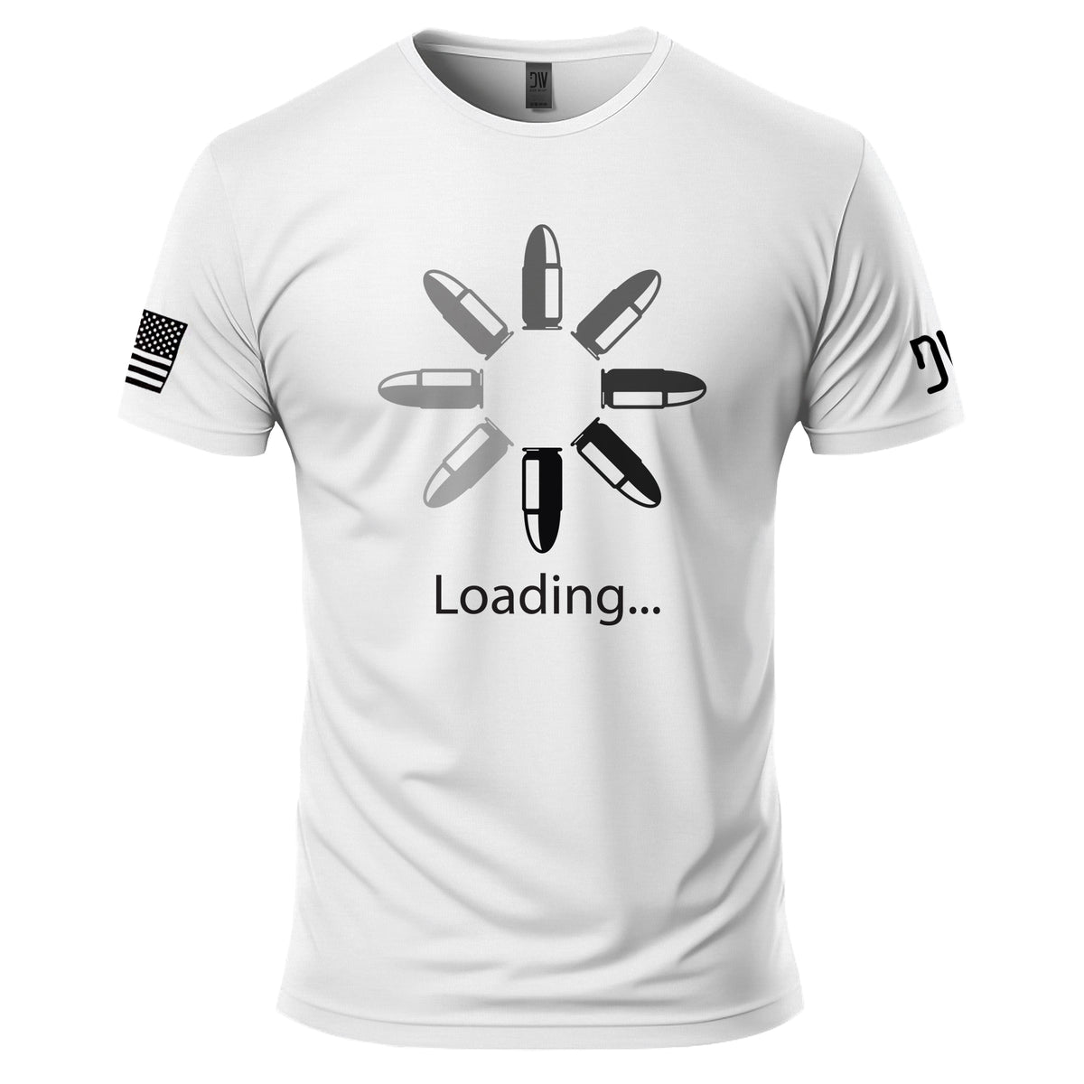 White t-shirt with bullet design and 'Loading...' text on a white background