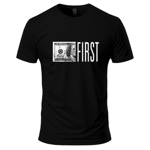 Black t-shirt with a graphic design and the word 'FIRST' on a white background