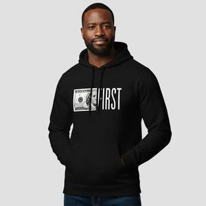 Man wearing a black hoodie with a graphic design on a gray background