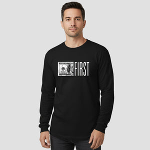 Man wearing a black long-sleeve shirt with a graphic design and text on a white background