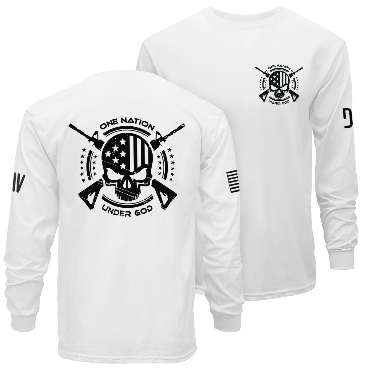 White long-sleeve shirt with black graphics and text on a white background
