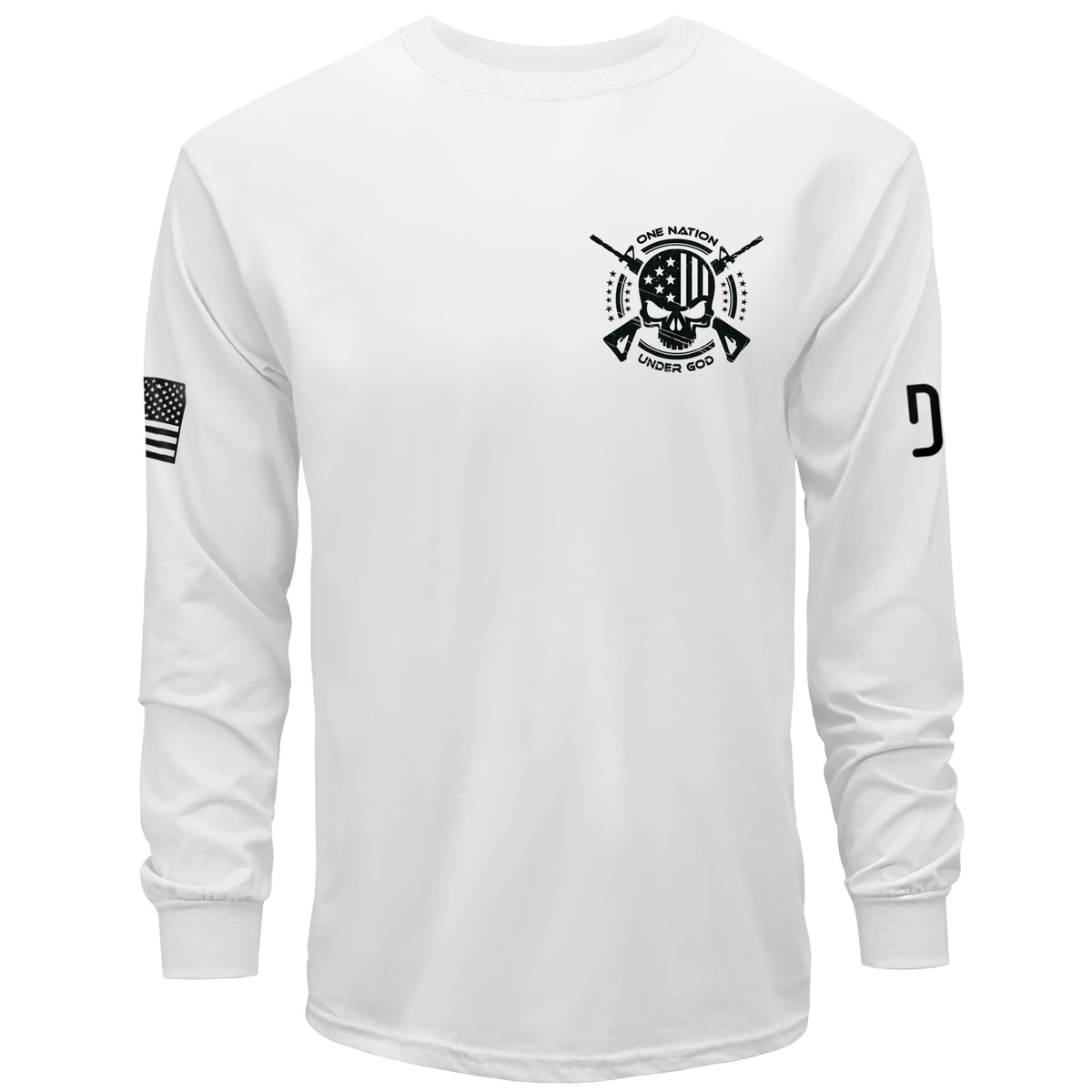 White long-sleeve shirt with black graphics on a white background