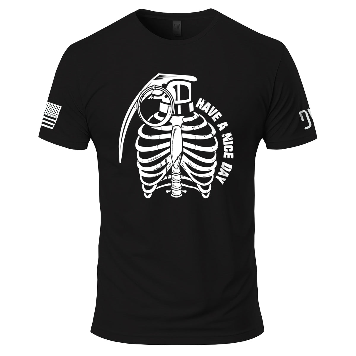 Black t-shirt with white graphic design on a white background