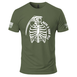 Green t-shirt with skeleton and grenade graphic on a white background