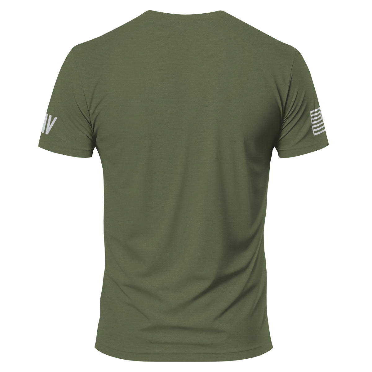Green t-shirt with branding on sleeves against a white background