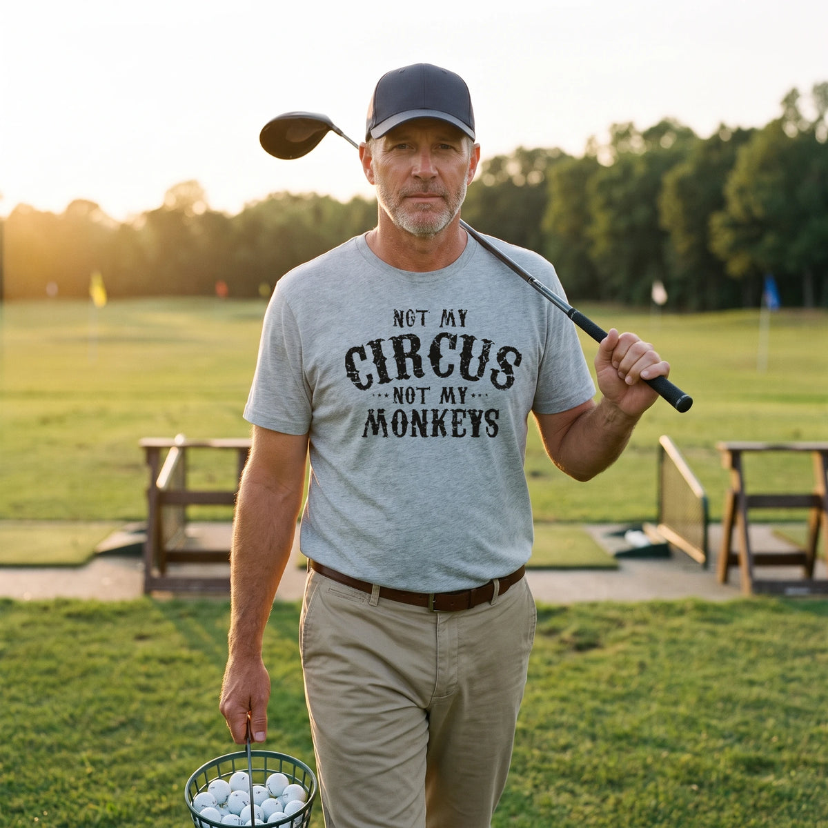 Man in a ball cap walking off a golf driving range at golden hour with a driver on his shoulder and a bucket of balls, wearing the Not My Circus, Not My Monkeys T-Shirt in Heather Gray with black distressed circus-poster lettering reading Not My Circus, Not My Monkeys printed large across the chest