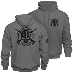 One Nation Under God Hoodie in Charcoal, back and front views: large black flag-skull crest on the back, small crest on the left chest, American flag on the right sleeve