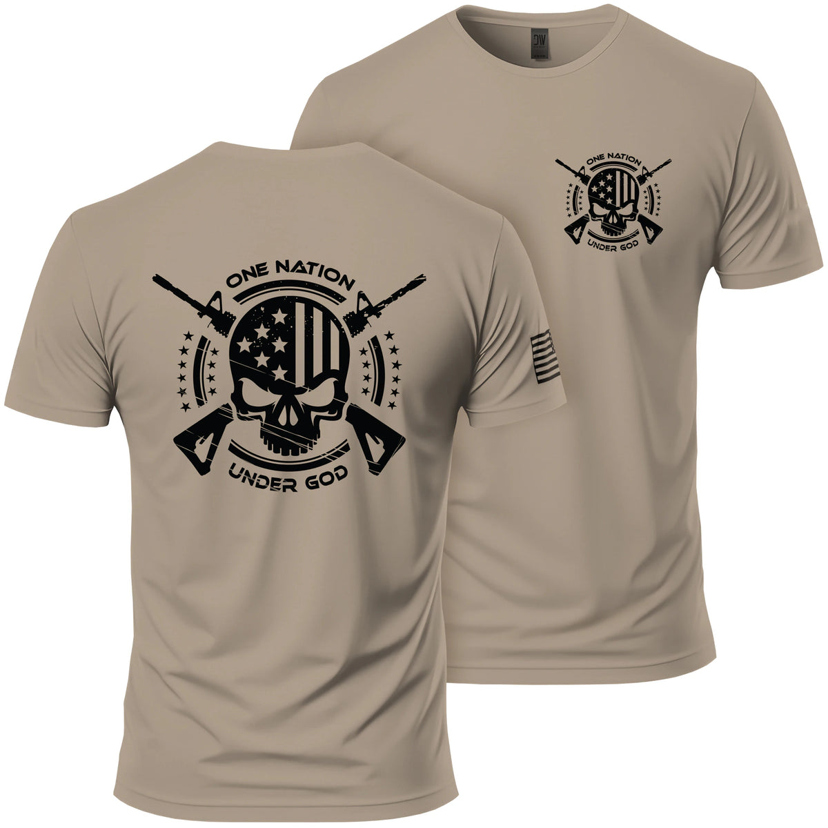 One Nation Under God T-Shirt in Brown Savana, back and front: skull and flag back print, small left-chest emblem, American flag on the right sleeve