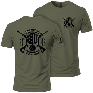 One Nation Under God T-Shirt in Military Green, back and front: skull and flag back print, small left-chest emblem, American flag on the right sleeve