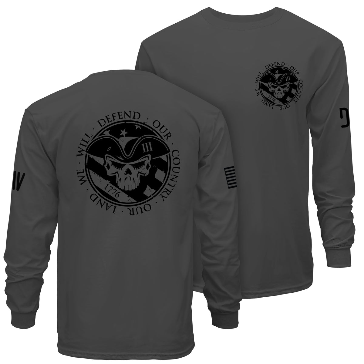 Gray long-sleeve shirt with black graphic design on the back, featuring a skull and text.