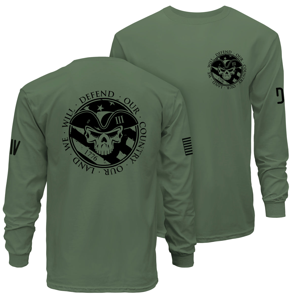 Green long-sleeve shirt with skull design and text on front and back