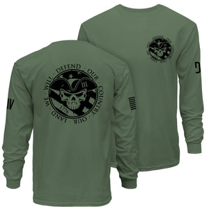 Green long-sleeve shirt with skull design and text on front and back