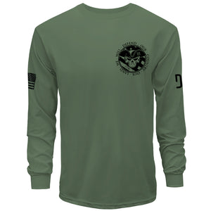Green long-sleeve shirt with a black graphic on a white background