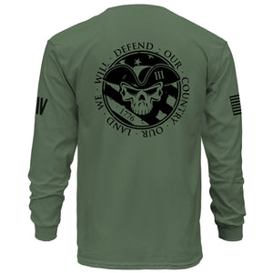 Green long-sleeve shirt with black graphic design on the back, featuring text and a skull emblem.
