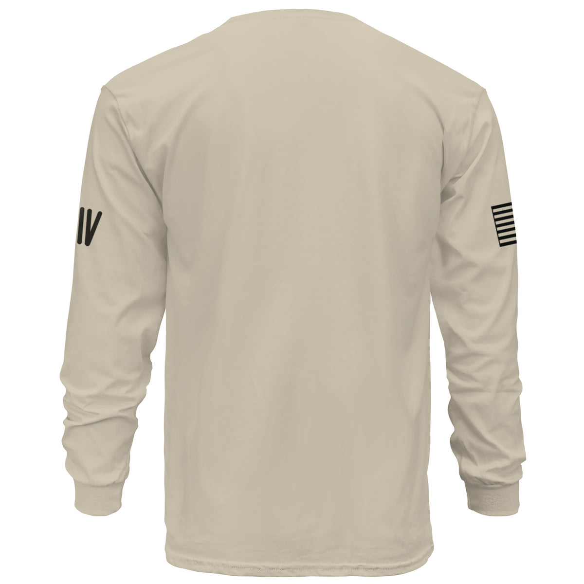 Beige long-sleeve shirt with sleeve logos on a white background