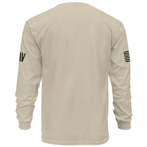 Beige long-sleeve shirt with sleeve logos on a white background