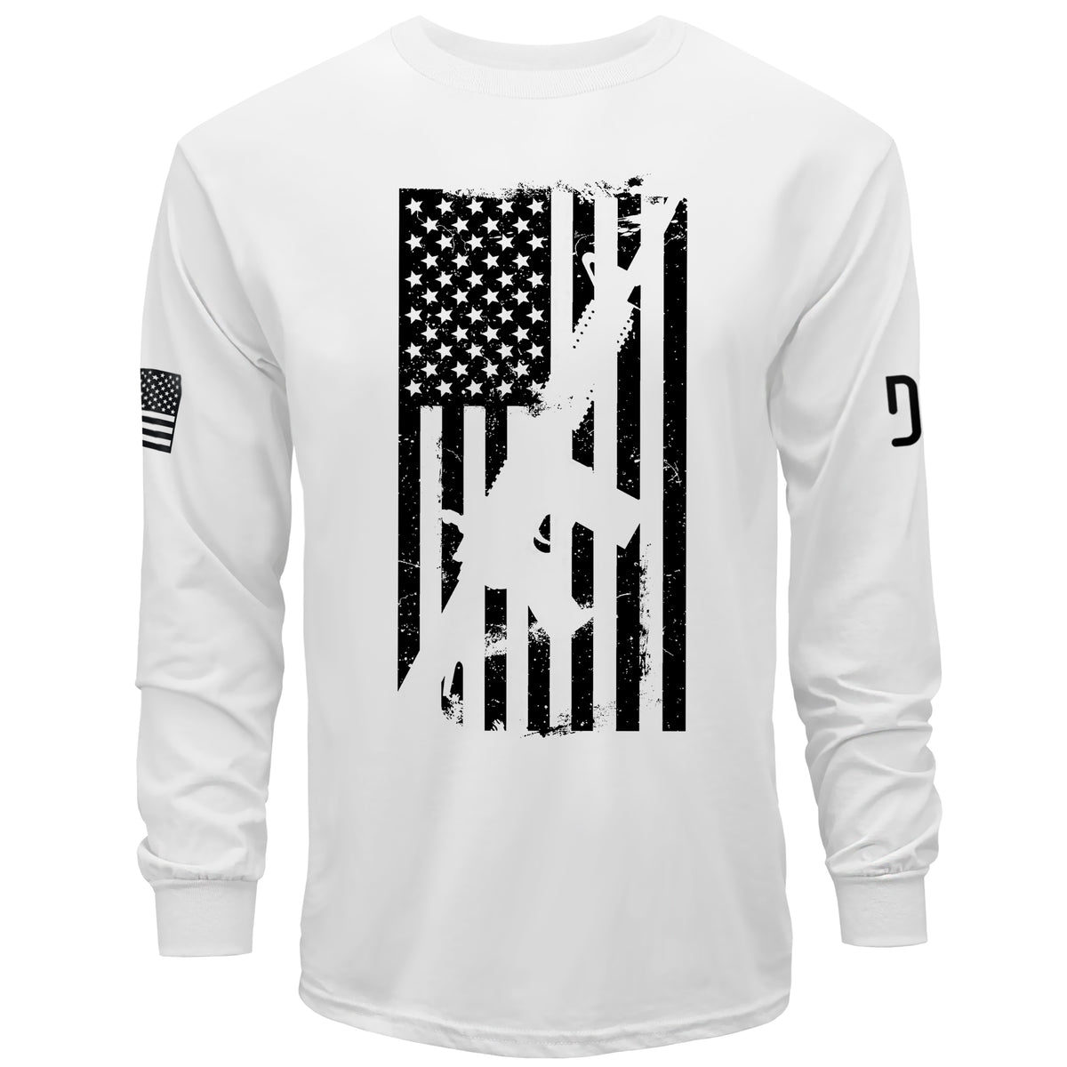 White long-sleeve shirt with black American flag graphic on a white background